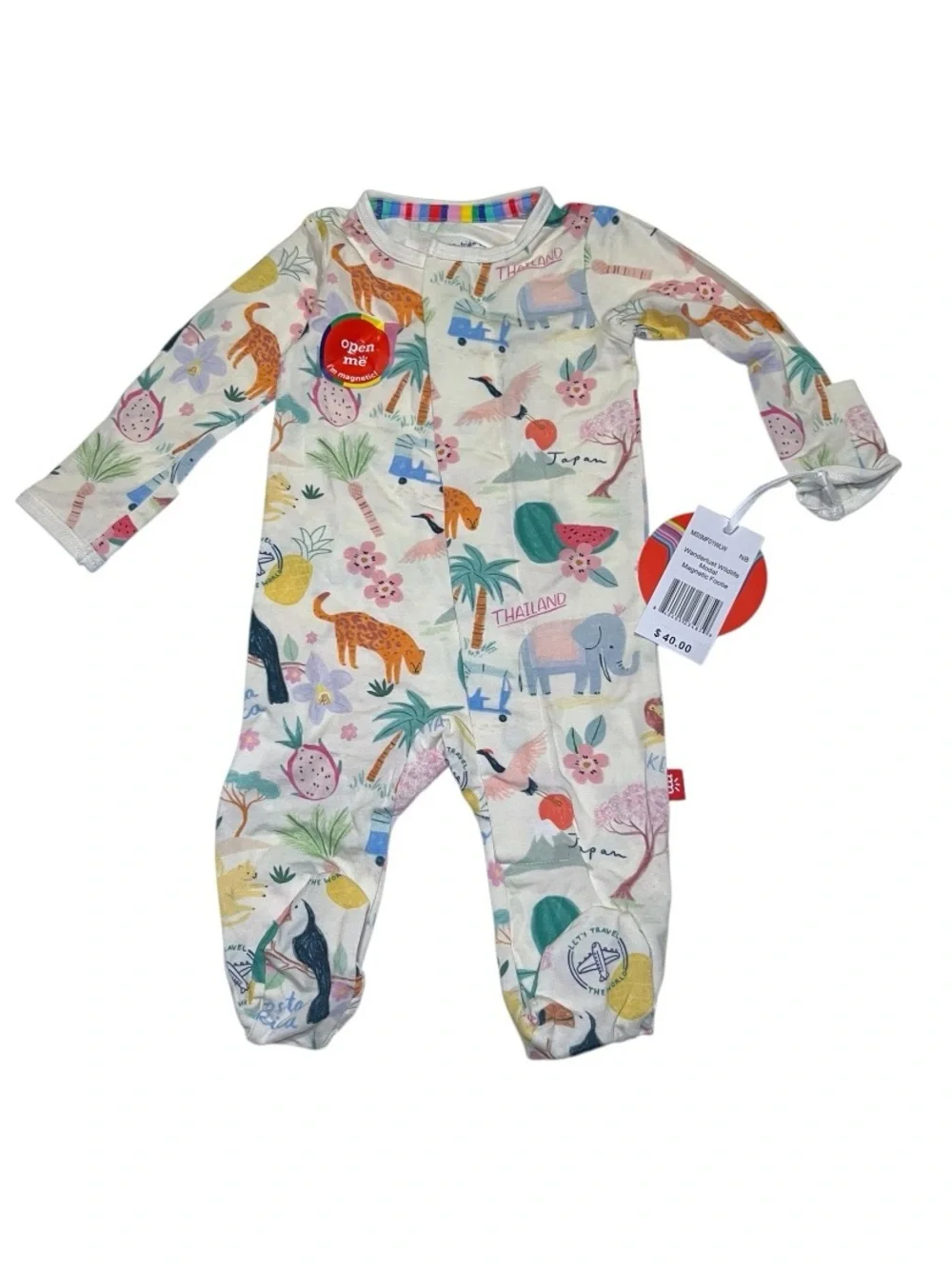 NET Magnetic Me Cream Tropical Animal Print Footie W/ Pink, Green & Blue Accents